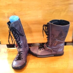 Ren But 10" Combat Style Distressed Look Graphic Boots Size 38 Metallic Brown